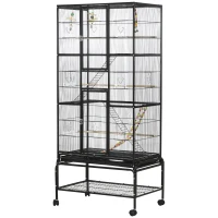 PawHut 71" Bird Cage with Wheels Perches, Ramp, Storage Shelf, Toys for Canaries, Finches, Cockatiels, Parakeets, Black(m-2)