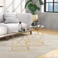 HOMCOM Set of 2 Nesting Table Coffee End Table Set Modern for Living room Furniture Decor Gold Tempered Glass(m-1)