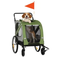 Aosom Dog Bike Trailer, 2-in-1 Dog Wagon Pet Stroller for Travel with Universal Wheel Reflectors Flag, for Small and Medium Dogs, Green(m-2)