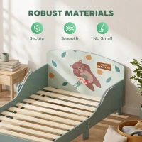 Qaba Toddler Bed with Bedside Storage, Guard Rails, Montessori Bed for Ages 3-8, Fits 132x70x10cm Mattress, Green Bear Print(m-6)
