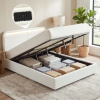 HOMCOM Queen Size Bed Frame with Charging Station, LED Lights, Adjustable Headboard, Upholstered Platform Bed Frame White(m-1)