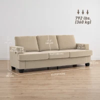 HOMCOM 3 Seater Sofa with USB Ports & Cup Holders, Chenille-Feel Upholstered Couch for Living Room, Light Brown(m-3)