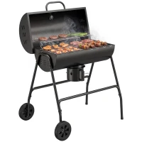 Outsunny Barrel Charcoal BBQ Smoker, Barbecue with 420 sq.in. Cooking Area, Wheels, Ash Catcher, Black(m-12)