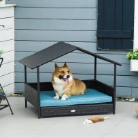 PawHut Rattan Dog House with Canopy, Wicker Dog Bed with Water-Resistant Cushion, for Small and Medium Breeds Blue(m-1)