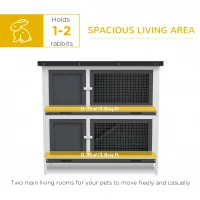 PawHut Wood Rabbit Hutch with 2 Large Main House, Ramp, Trays, Grey(m-5)