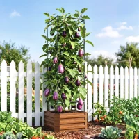 Outsunny Galvanized Planter Box, 24" x 24" x 73.5" Raised Garden Bed with Tomato Cage for Climbing Vines, Brown(m-2)