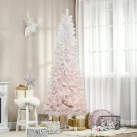 HOMCOM 7ft Pencil Artificial Christmas Tree with Pine Realistic Branches, Auto Open, Pink and White(m-8)