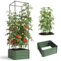 Outsunny Galvanized Planter Box, 24" x 24" x 73.5" Raised Garden Bed with Tomato Cage for Climbing Vines, Green(m-11)