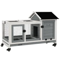 PawHut Rabbit Cage with Wheels, Ramp, Run, Tray for Indoor Outdoor, Suitable for Rabbit, Guinea Pig, Grey(m-9)