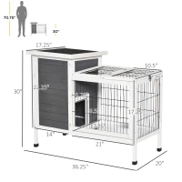 PawHut Outdoor Rabbit Hutch Wooden Bunny Hutch Rabbit Litter Box with Run,Open Roof, 36.25"L x 20"W x 30"H, Grey/White(m-3)