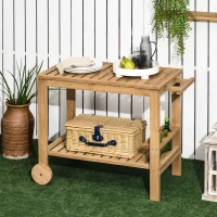 Outsunny Outdoor Bar Cart, Wood Rolling Home Bar & Serving Cart with 2 Shelves, Wine Bottle Holders for Garden, Dining Room, Natural(m-1)