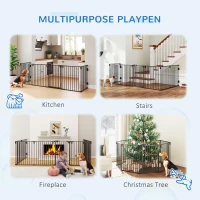 PawHut Dog Safety Gate 8-Panel Playpen Fireplace Christmas Tree Steel Fence Stair Barrier Room Divider Black(m-4)