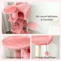 PawHut 63 Inch Cat Tree with Sisal Scratching Posts, Condos, Plush Perches, Hammock, Ladder, Dangling Balls, Pink(m-7)