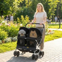 PawHut Double Pet Stroller, Foldable Dog Stroller with 2-Seater Carrier, Sunshade, Removable Pad, Safety Belt, Storage Basket(m-8)