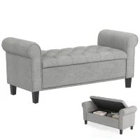 HOMCOM 50 Inches Storage Ottoman, Upholstered Bedroom Bench with Rolled Arms and Button Tufted Storage, Light Grey(m-9)