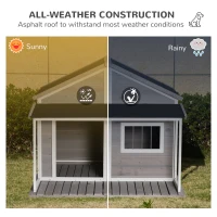 PawHut Outdoor Dog House Cabin Style, Wooden Raised Pet Kennel with Asphalt Roof, Front Door, Side Windows, Deck for Medium/Large Dogs, 53 Lbs., Grey(m-5)