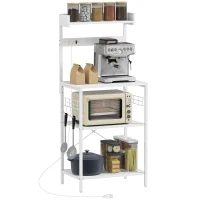 HOMCOM Kitchen Baker's Rack with Power Outlet, Coffee Bar Station with Adjustable Shelves and Hooks, Distressed White(m-9)