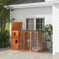 PawHut Wooden Cat Catio, 76"L Walk in Outdoor Cat House with Asphalt Roof, Platforms, Lockable Doors for 2-3 Cats, Orange(m-1)