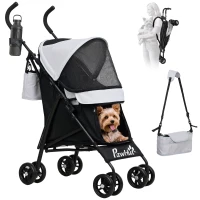 PawHut Foldable Dog Stroller, Lightweight Dog Pram w/ Shoulder Strap, Storage Bag, Cup Holder, Light Grey(m-9)