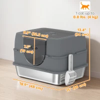 PawHut Stainless Steel Cat Litter Box with Lid, High Sided Enclosed Litter Box with Removable Lid, Tray, Scoop(m-3)