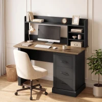 HOMCOM Computer Desk with 3 Drawers and Storage Shelves, 47" Home Office Study Writing Table, Walnut and Black(m-2)