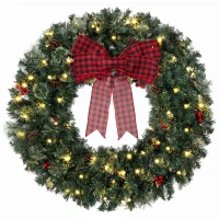 HOMCOM 36" Prelit Crestwood Spruce Artificial Christmas Wreath, Christmas Decor with Bow, 8 Modes, Red Berries, Pinecones(m-11)