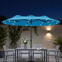 Outsunny Double-sided Patio Umbrella, 9.7' Outdoor Umbrella with Tilt and Crank, LED Solar Light and 12 Ribs, Light Blue(m-10)