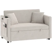 HOMCOM 52" Sofa Bed, Holland Velvet Loveseat Pull Out Sleeper Sofa with USB Ports, Adjustable Backrest, Side Pockets, Beige(m-2)
