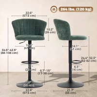 HOMCOM Adjustable Bar Stools Set of 2 with Back, Footrest, Chenille Upholstered Bar Chairs for Kitchen Island, Dark Green(m-3)