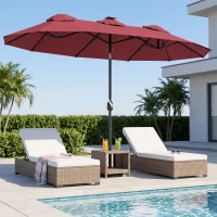 Outsunny Double-sided Patio Umbrella, 9.7' Outdoor Umbrella with Tilt and Crank, LED Solar Light and 12 Ribs, Wine Red(m-8)