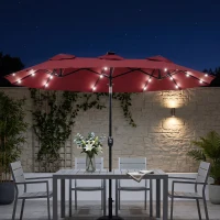 Outsunny Double-sided Patio Umbrella, 9.7' Outdoor Umbrella with Tilt and Crank, LED Solar Light and 12 Ribs, Wine Red(m-10)
