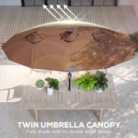 Outsunny Double-sided Patio Umbrella, 9.7 ft. Outdoor Umbrella with 45-Degree Tilt and Crank, LED Solar Light and 12 Ribs, Coffee(m-5)