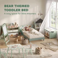 Qaba Toddler Bed with Bedside Storage, Guard Rails, Montessori Bed for Ages 3-8, Fits 132x70x10cm Mattress, Green Bear Print(m-7)