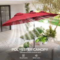 Outsunny Double-sided Patio Umbrella, 9.7' Outdoor Umbrella with Tilt and Crank, LED Solar Light and 12 Ribs, Wine Red(m-7)