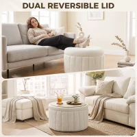 HOMCOM Round Coffee Table with Hidden Storage, Sherpa Fleece Center Table with Dual Reversible Lid for Living Room Cream White(m-7)