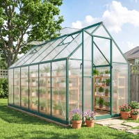 Outsunny Polycarbonate Greenhouse with Swing Door and Two Adjustable Roof Vents, Aluminum Walk-in Greenhouse, 11x6 ft, Dark Green(m-10)