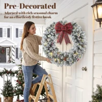 HOMCOM Flocked Winter Wreath, 24 Inch Pre-Lit Christmas Wreath for Front Door with LED Lights, Pine Cones and Berries, Green(m-6)