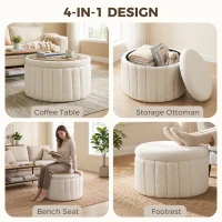 HOMCOM Round Coffee Table with Hidden Storage, Sherpa Fleece Center Table with Dual Reversible Lid for Living Room Cream White(m-4)