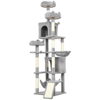 PawHut 76" Large Cat Tree for Indoor Cats with 8 Scratching Posts, 3 Plush Beds, 2 Hammocks, 2 Large Condos, Ramp, Light Grey(m-2)