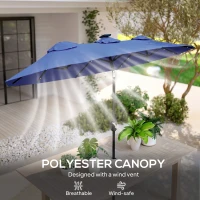 Outsunny Double-sided Patio Umbrella, 9.7' Outdoor Umbrella with Tilt and Crank, LED Solar Light and 12 Ribs, Navy Blue(m-7)