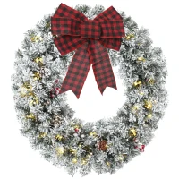 HOMCOM Flocked Winter Wreath, 24 Inch Pre-Lit Christmas Wreath for Front Door with LED Lights, Pine Cones and Berries, Green(m-2)