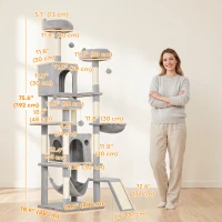 PawHut 76" Large Cat Tree for Indoor Cats with 8 Scratching Posts, 3 Plush Beds, 2 Hammocks, 2 Large Condos, Ramp, Light Grey(m-3)