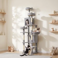 PawHut 76" Large Cat Tree for Indoor Cats with 8 Scratching Posts, 3 Plush Beds, 2 Hammocks, 2 Large Condos, Ramp, Light Grey(m-1)