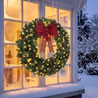 HOMCOM 36" Prelit Crestwood Spruce Artificial Christmas Wreath, Christmas Decor with Bow, 8 Modes, Red Berries, Pinecones(m-10)