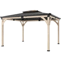 Outsunny 12' x 14' Hardtop Gazebo Canopy with Galvanized Steel Roof, Wood Frame, Double Roof Outdoor Gazebo, Light Walnut(m-4)
