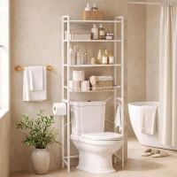 HOMCOM Over-the-Toilet Storage Shelf, 3-Tier Over-Toilet Bathroom Organizer with Adjustable Shelves and Pull-Out Basket, White(m-1)