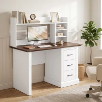 HOMCOM Computer Desk with 3 Drawers and Storage Shelves, 47" Home Office Study Writing Table, Walnut and White(m-10)