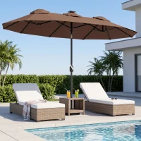 Outsunny Double-sided Patio Umbrella, 9.7 ft. Outdoor Umbrella with 45-Degree Tilt and Crank, LED Solar Light and 12 Ribs, Coffee(m-8)