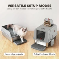 PawHut Stainless Steel Cat Litter Box with Lid, XL High Sided Enclosed Metal Litter Box w/ Scoop, Step, Pedal, Grey(m-5)