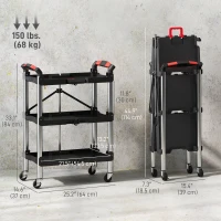 HOMCOM 3-Tier Collapsible Tool Cart with Wheels, 150 LBS Capacity Folding Utility Cart with Handles for Garage Workshop, Black(m-3)